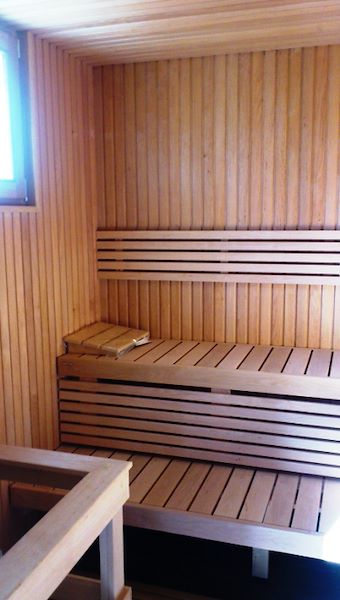 Rivestimento locale sauna con stufa a legna ad alimentazione esterna