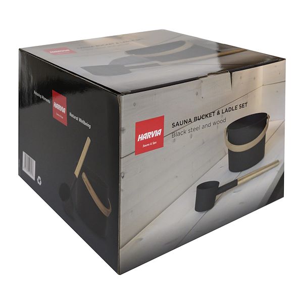 Secchio e mestolo in alluminio e legno nero